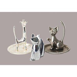 Vintage Silver Toned Animal Ring Holders Cat Giraffe & Fox Lot